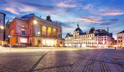 Copenhagen theater at sunset in Kongens Nytorv, The Royal Playhouse and The Old Stage