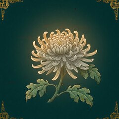 Elegant Chrysanthemum Bloom with Ornate Golden Corners on Dark Green Background.