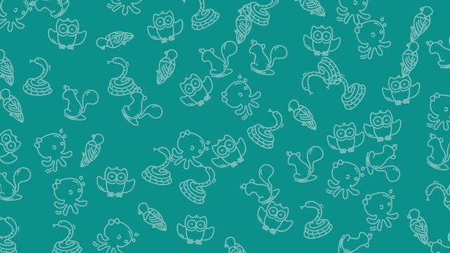 Teal background with small white owl, squirrel, and bird illustrations. Suitable for naturethemed designs, stationery, and childrens products.