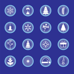A set of 16 stylized winter and New Year icons on a dark blue background. A white silhouette in a glowing blue circle. Minimalistic flat style for design, websites, postcards, packaging and other