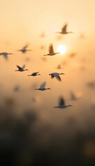 Obraz premium Flock of Cranes Flying at Sunset in a Serene Golden Sky Over the Horizon