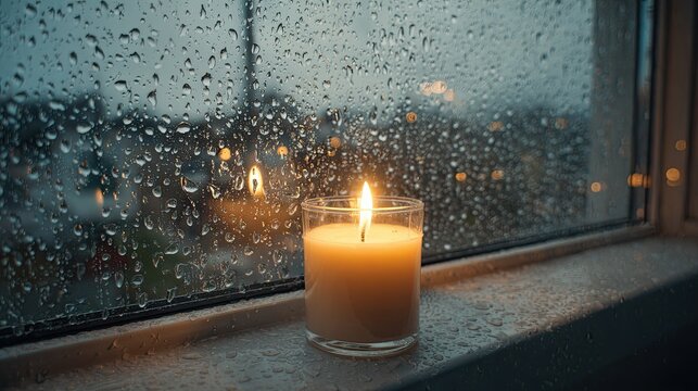 Burning candle on rainy window sill with water drops and city lights creating cozy peaceful evening mood