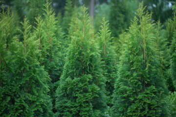 Fototapeta premium Emerald Green Arborvitae Trees Growing Dense Evergreen Screen Background