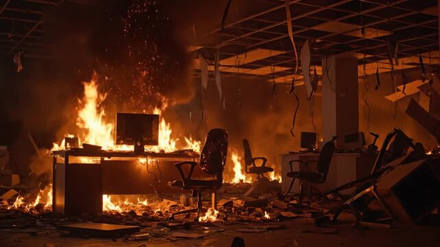 Office Inferno: Desks, Chairs, and Computers Engulfed in Flames Amidst Devastation