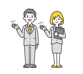 手を添えて案内する、20代・30代のビジネスマンの男性と女性の全身ベクターイラスト素材セット