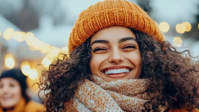 Candid moment of a cheerful young woman radiating pure joy with a wide smile, adorned in a cozy orange knit hat and a warm patterned scarf amidst glowing fairy lights