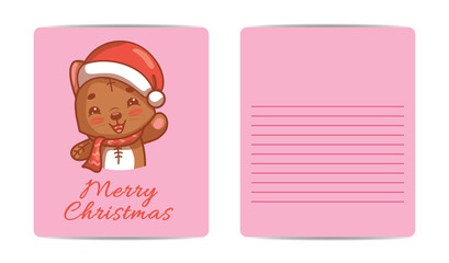 Kawaii Christmas cat illustration, vector holiday card with your own text.