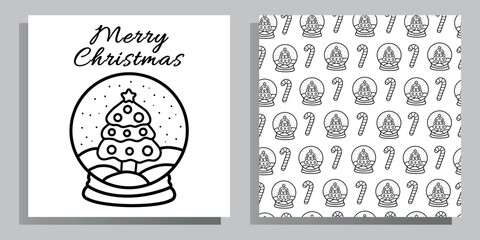 Christmas coloring page and seamless pattern with a Christmas tree and candy cane. Black and white vector holiday illustration.