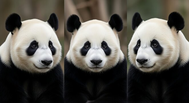 Three Adorable Giant Pandas Close Up Portrait. - Powered by Adobe
