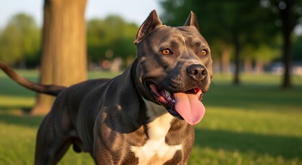 Energetic Pitbull enjoying the outdoors on a sunny day.