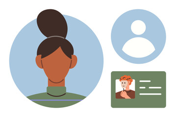 Female profile in circular frame, filled ID card with photo and text, generic user silhouette. Ideal for identity, team management, personal branding, profiles, avatars, authentication simple flat