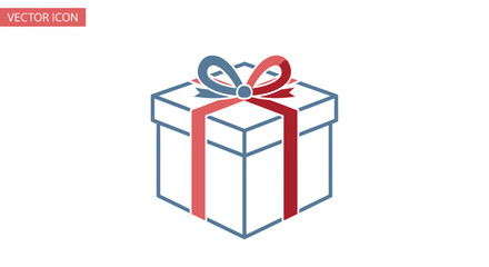 A simple line art illustration of a gift box with a red and blue ribbon.