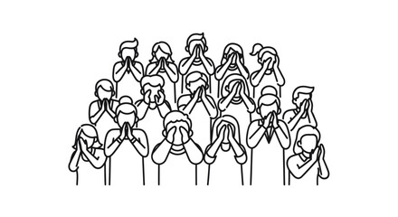 Group of People Covering Eyes with Hands Line Art.