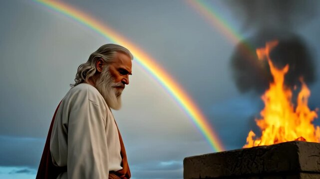 Elderly man noah offering a sacrifice in a biblical story with a rainbow in the sky and an altar. Religious footage.