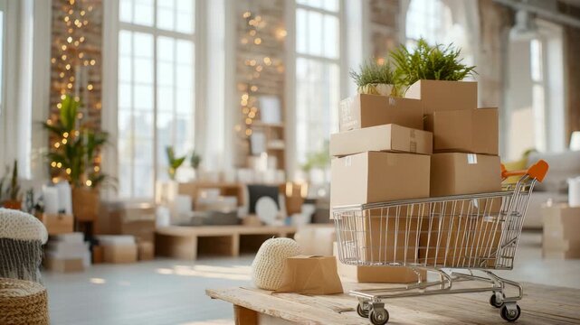 Shopping cart overflowing with moving boxes and lush greenery in a sunlit, spacious residential area, signaling a fresh start or recent purchases