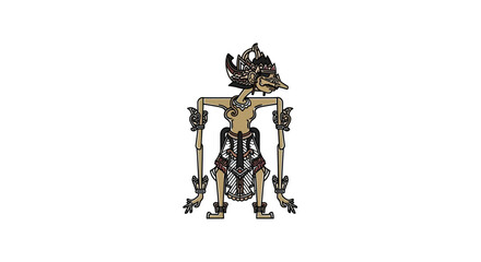 Traditional Javanese Wayang Kulit shadow puppet character with an ornate headdress.