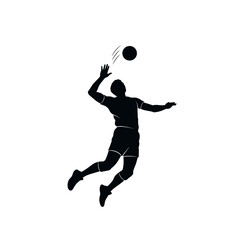 Naklejka premium Silhouette of volleyball player jumping for powerful spike, athlete in mid-air motion hitting ball, dynamic black shape on transparent background, flat vector illustration