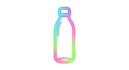 A glowing multicolored neon line art icon of a modern reusable water bottle.