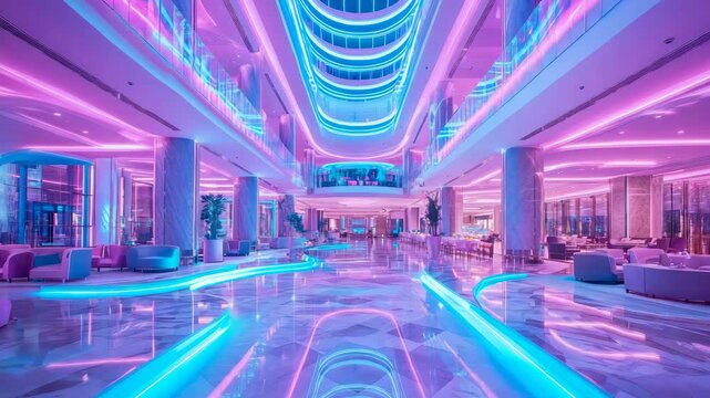 Dazzling contemporary interior hall illuminated by vibrant neon lights in shades of magenta, purple, and electric blue, creating an ethereal glow