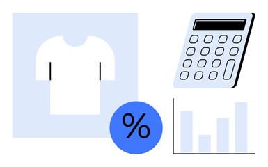 White t-shirt icon beside a calculator, percentage sign, and bar chart representing retail pricing, discounts, sales, and analytics. Ideal for retail, finance, ecommerce marketing budgeting trade
