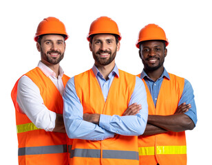 Side Angle of Three Construction Workers Standing Together, Displaying Teamwork and Professional Pride, Isolated on White Background