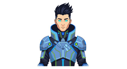 Futuristic Male Warrior Character with Glowing Blue Eyes and Sci-Fi Armor.