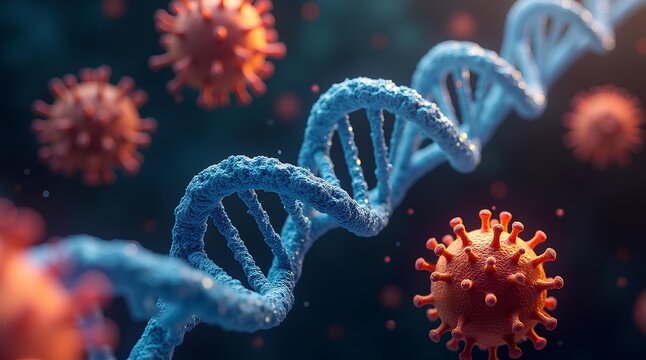 3D rendering of a DNA molecule and viral cells. Viruses attack the DNA helix. Infections that threaten the genetic code. Illustration of cellular infection.