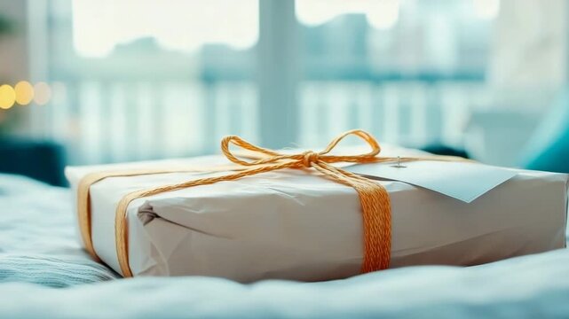 Beautifully presented package, tied with a shimmering golden bow, resting softly on a serene blue fabric under subtle light