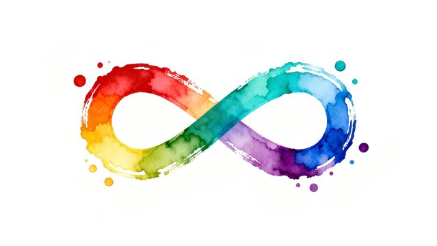 Watercolor rainbow infinity sign in the shape of a loop, symbol of autism and neurodiversity isolated on a white background with copy space