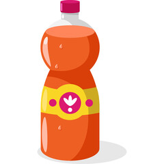 A cartoon style orange beverage in a clear plastic bottle with a pink cap and a yellow label featuring a pink flower emblem isolated on a transparent white background