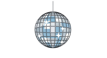 A reflective disco ball with sparkling light effects suspended by a thin string.