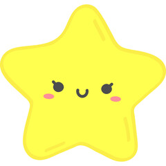 A Cheerful Yellow Star Character with Cute Eyes and Pink Cheeks on a Transparent Background