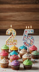 Festive 25th Anniversary Celebration with Colorful Cupcakes and Number Candles against Wood Backdrop