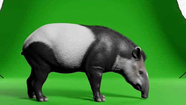 Tapir Portrait Exotic Black and White Creature on Green Screen.