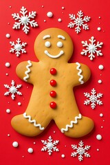 Festive Gingerbread Man Cookie with Snowflakes on Red Background.
