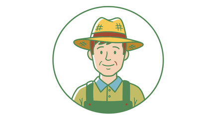 Smiling Cartoon Farmer Man in Straw Hat and Green Overalls Avatar Icon.