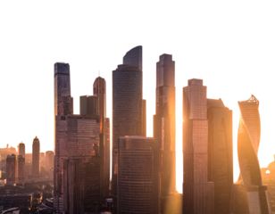  Modern City Skyline at Sunrise, Tall Skyscrapers Silhouetted, Isolated on Transparent Background