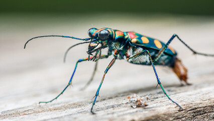 Tiger beetle insect standing on wood surface