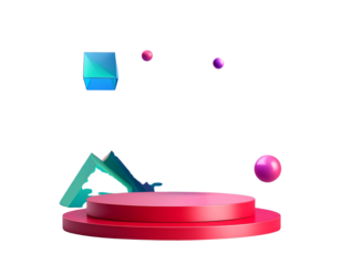 Abstract Red Podium with Floating Geometric Shapes, Dynamic Composition, Isolated on Transparent Background