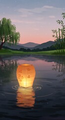 Floating Lantern on Serene Lake at Sunset with Mountain View.