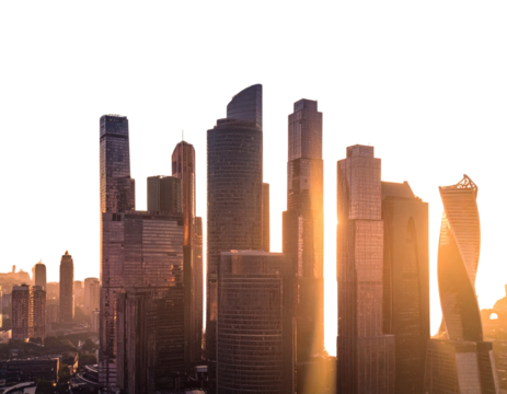 Modern City Skyline at Sunrise, Tall Skyscrapers Silhouetted, Isolated on Transparent Background
