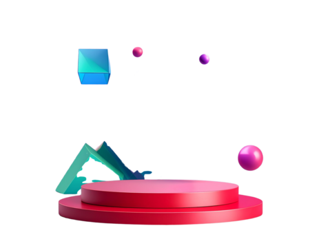 Abstract Red Podium with Floating Geometric Shapes, Dynamic Composition, Isolated on Transparent Background