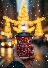 Christmas coffee cup held on snowy New York street with lights