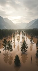 Flooded Forest Landscape with Majestic Mountains and Overcast Sky.