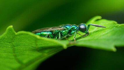 Cuckoo wasp with iridescent green body resting on a leaf