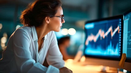 Female stock market broker analyzing trading charts on a desktop screen financial trading stock market investment analysis with copy space - Powered by Adobe