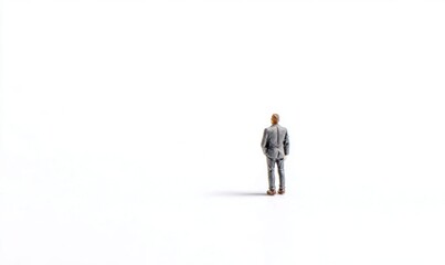 Obraz premium Lone figure in a suit standing against a vast white background.