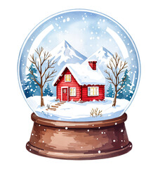 Watercolor Christmas Snow Globe with Red House and Snowy Mountains