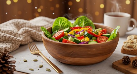 Fresh and Colorful Salad in Wooden Bowl with Coffee.