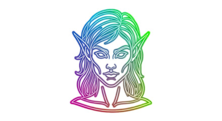 Mystical Elf Woman with Rainbow Gradient Hair and Pointed Ears.